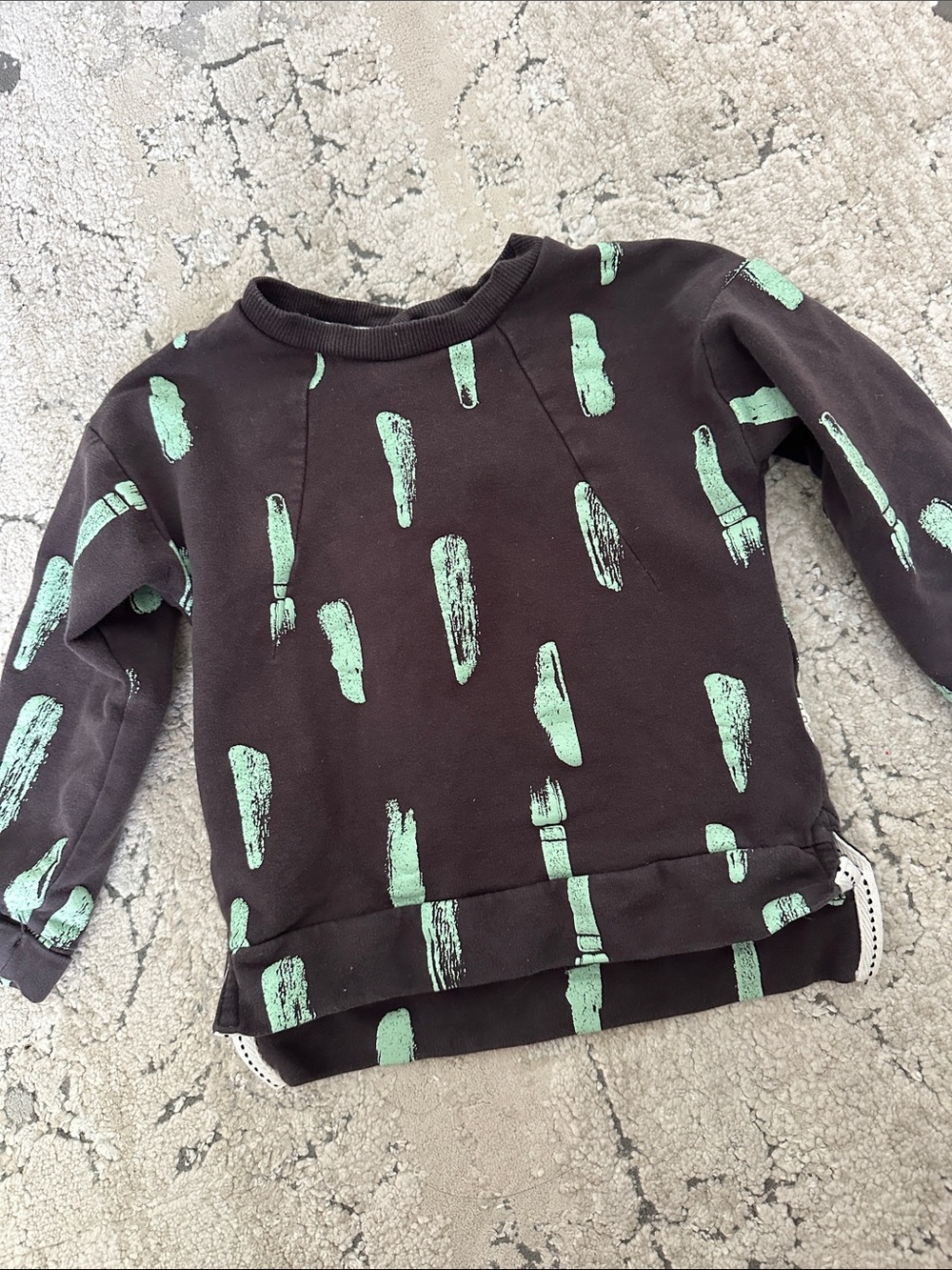 Kids Black Pullover Sweatshirt with Mint Brushstroke Print